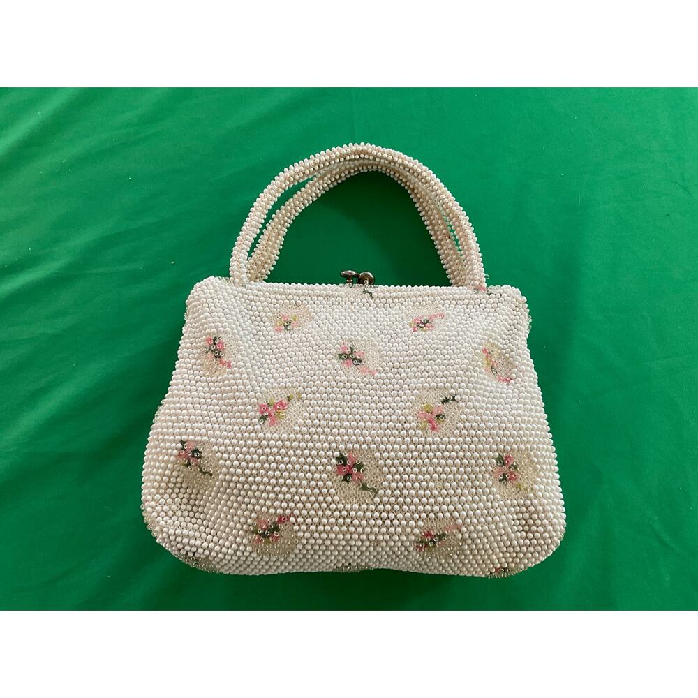 Vintage 1950’s Corde Bead Lumured Ivory Floral Clutch Handbag Purse With Handle - Picture 2 of 10